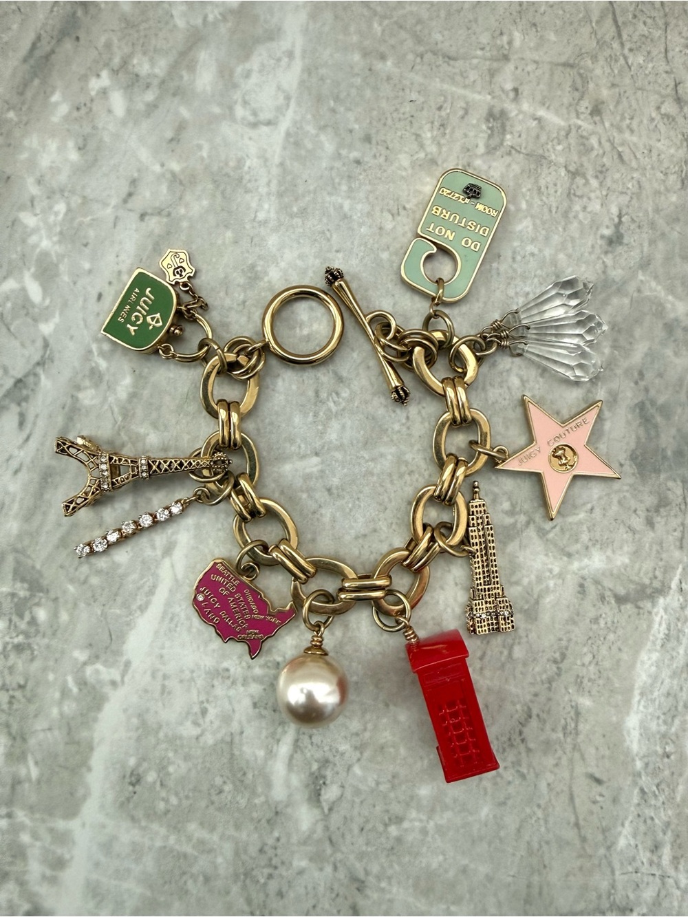 Vintage Juicy Couture Travel Charm Bracelet Y2K Eiffel Tower London Empire Map